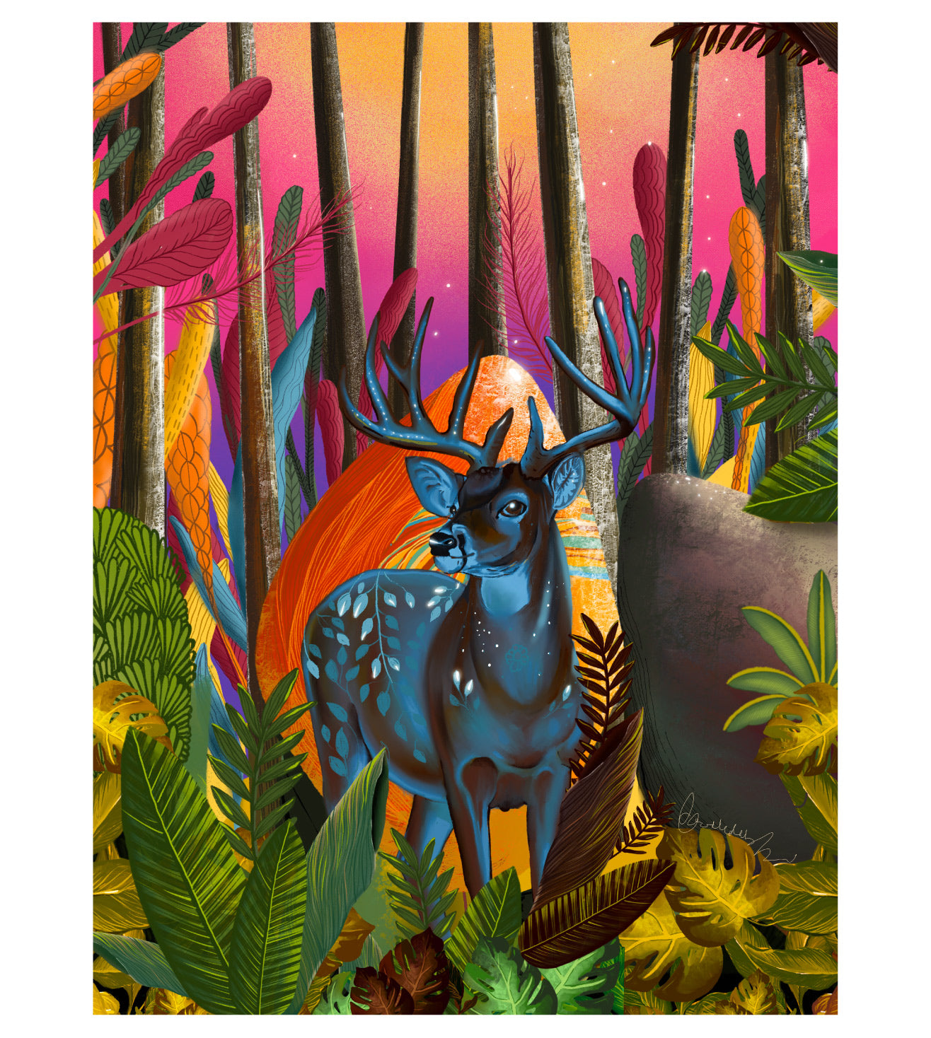 Deer in the Woods Wall Art Print | Vibrant Forest Animal Illustration | Colorful Nature Artwork