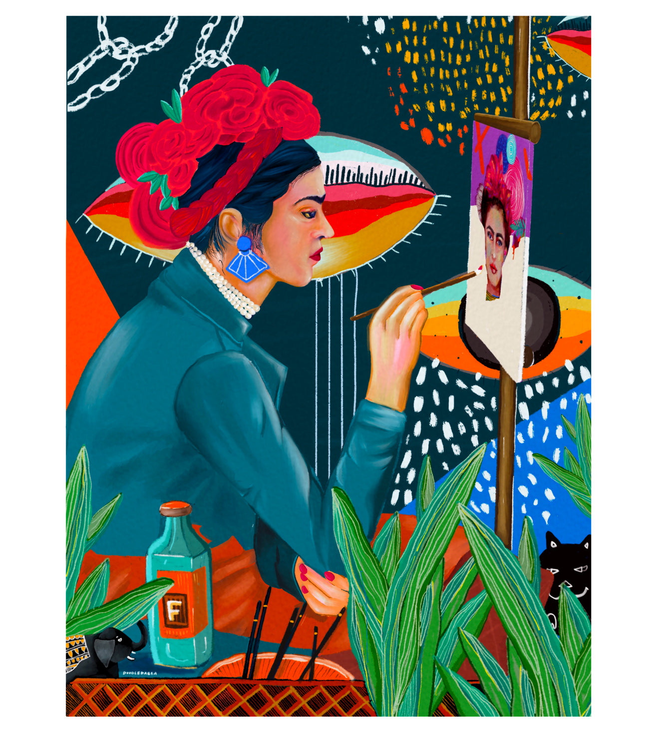 Frida Kahlo Art Print: Abstract Indigo Portrait, Modern Wall Decor