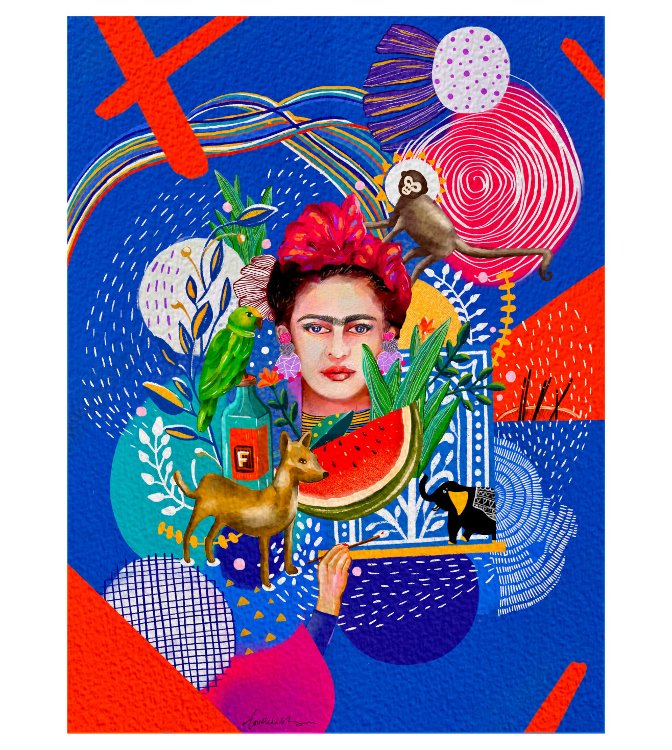 Frida Kahlo Abstract Doodle Art Print: Modern Portrait, Blue Artwork