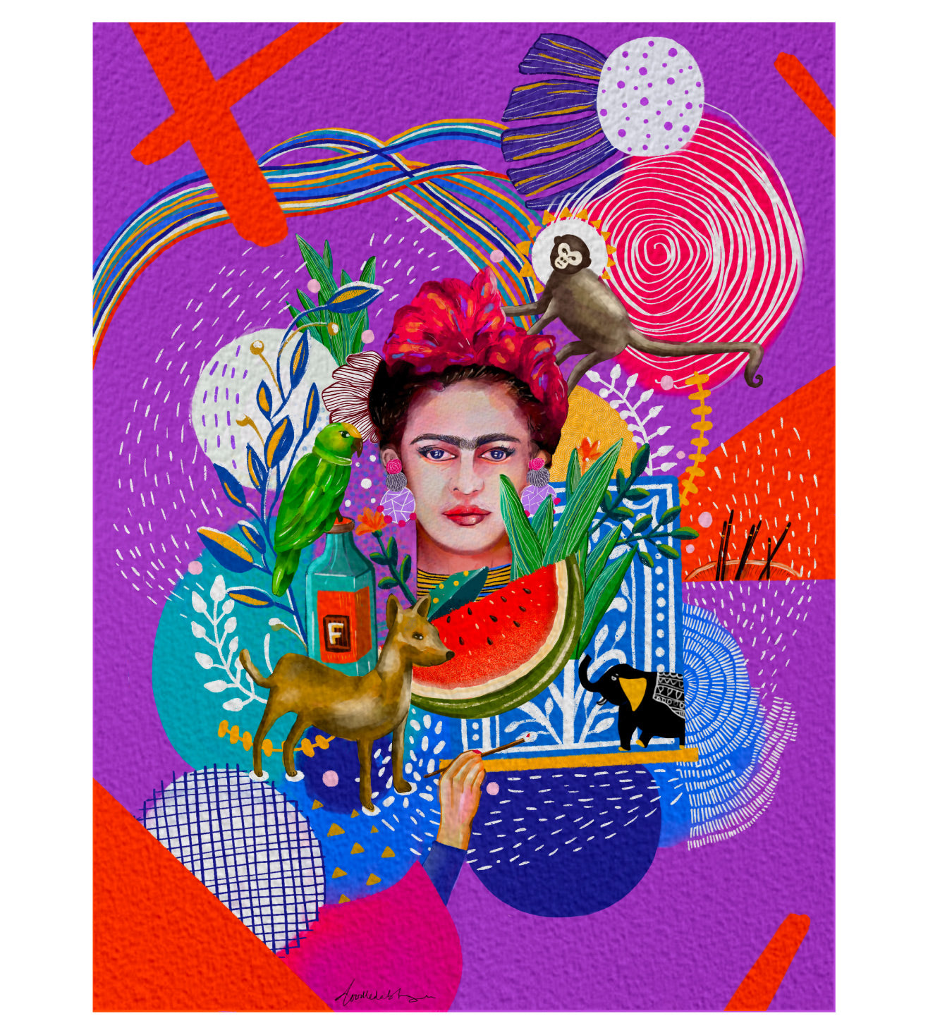 Frida Kahlo Purple Abstract Doodle Portrait Art Print: Modern Home Decor