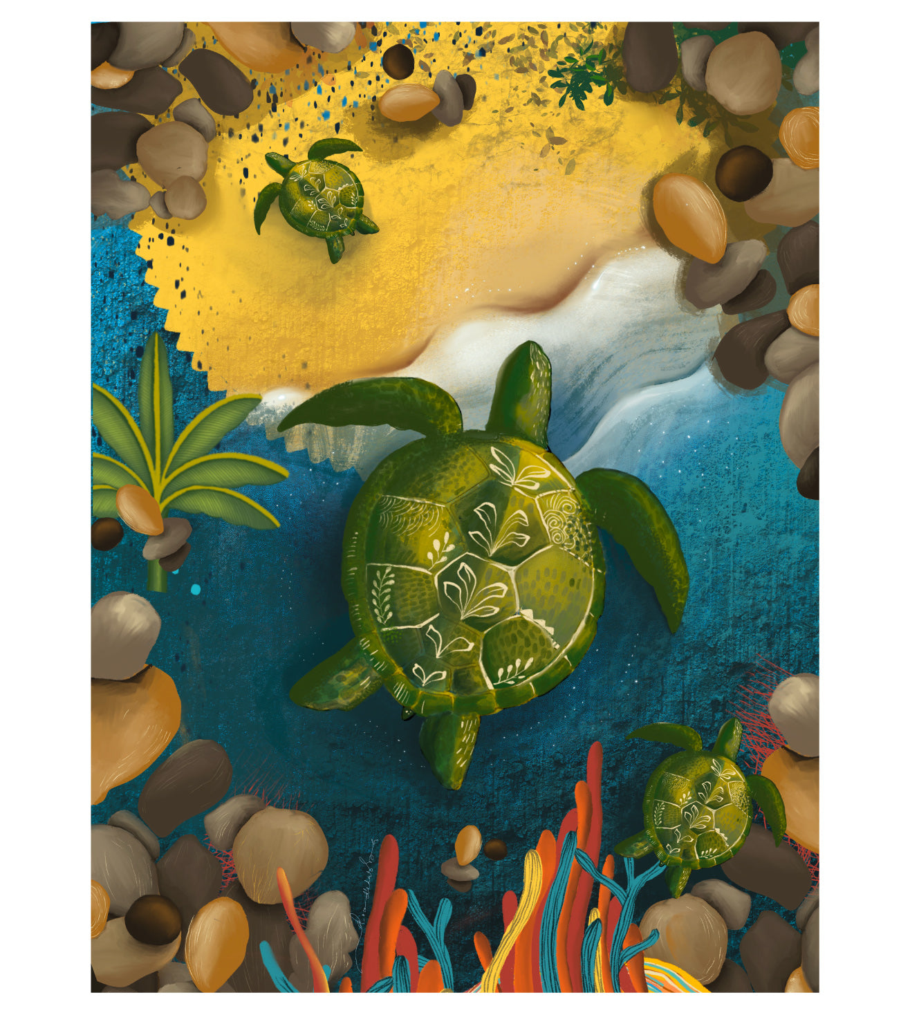 Turtle on the Shore Wall Art Print | Sea Turtle Beach Artwork | Coastal Ocean Animal Home Decor