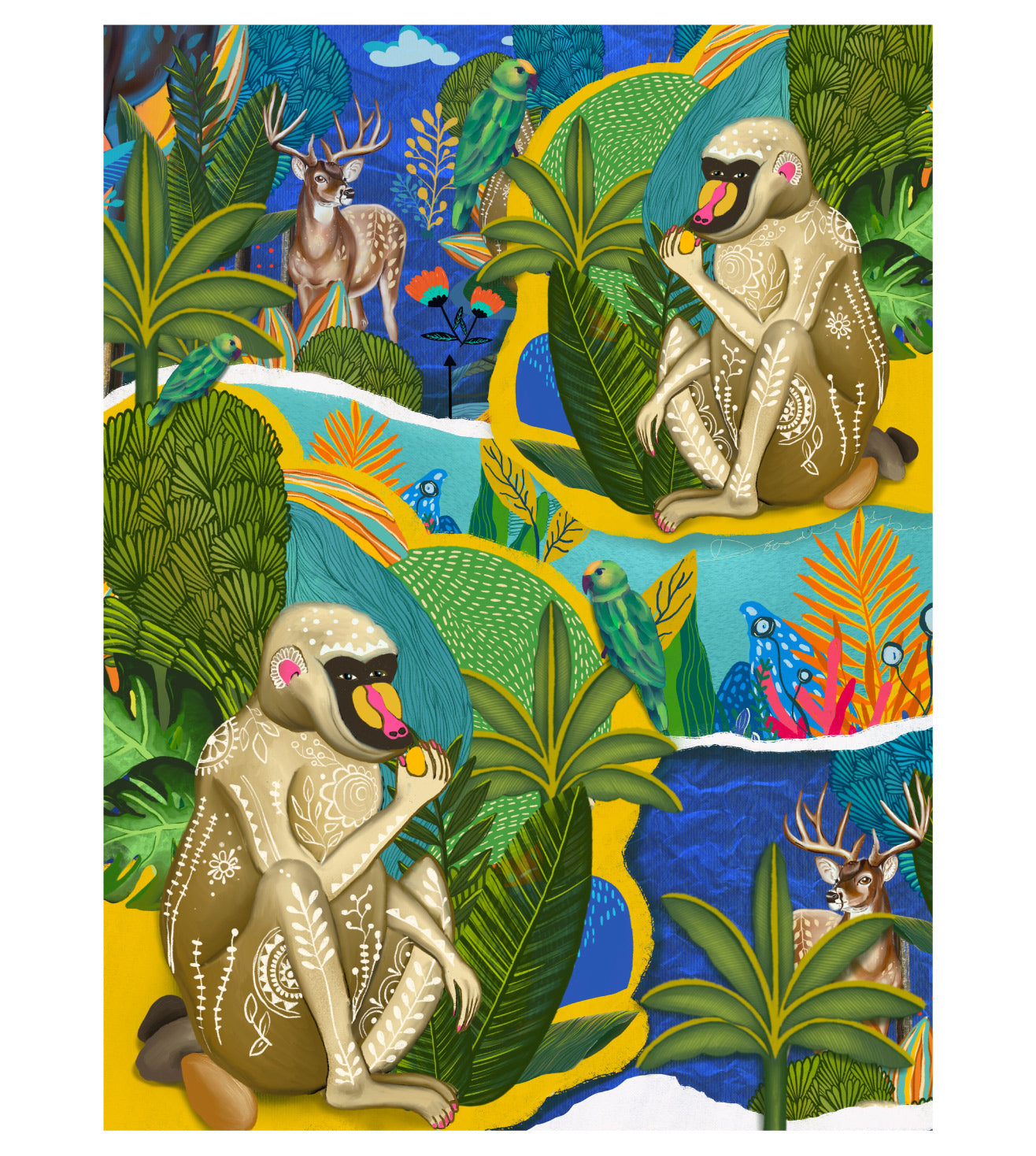 Two Mandrills Wall Art Print | Tropical Mandrill Illustration | Jungle Wildlife Collage Artwork