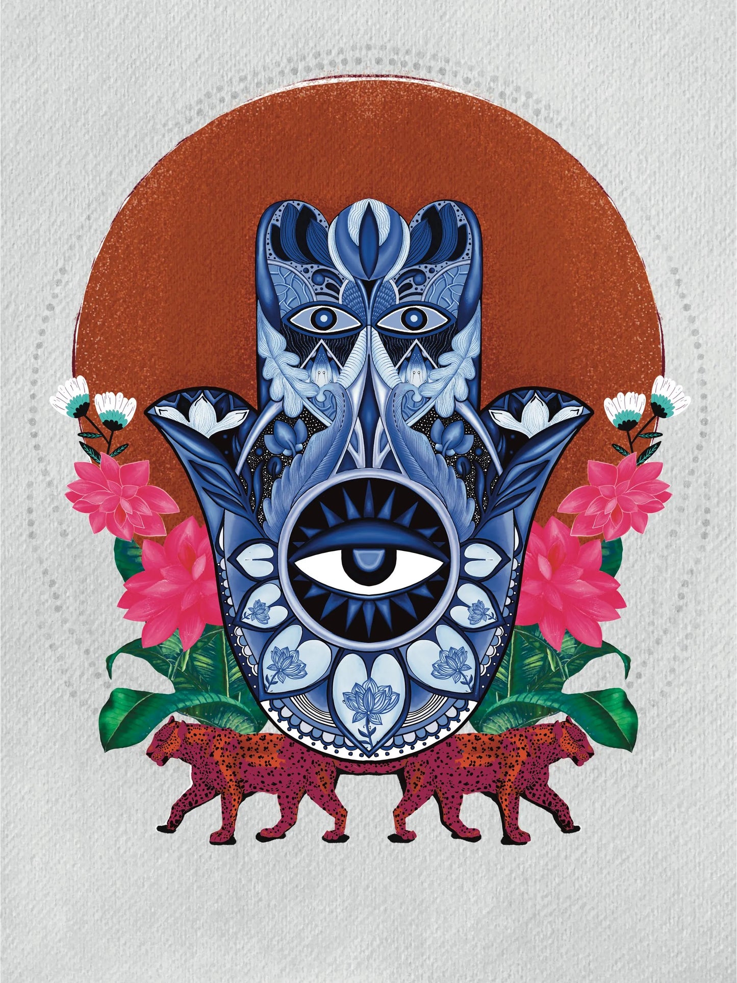 Mystical Hamsa Hand Earthy Art print | Evil Eye & Leopard Wall Art | Spiritual Boho Decor