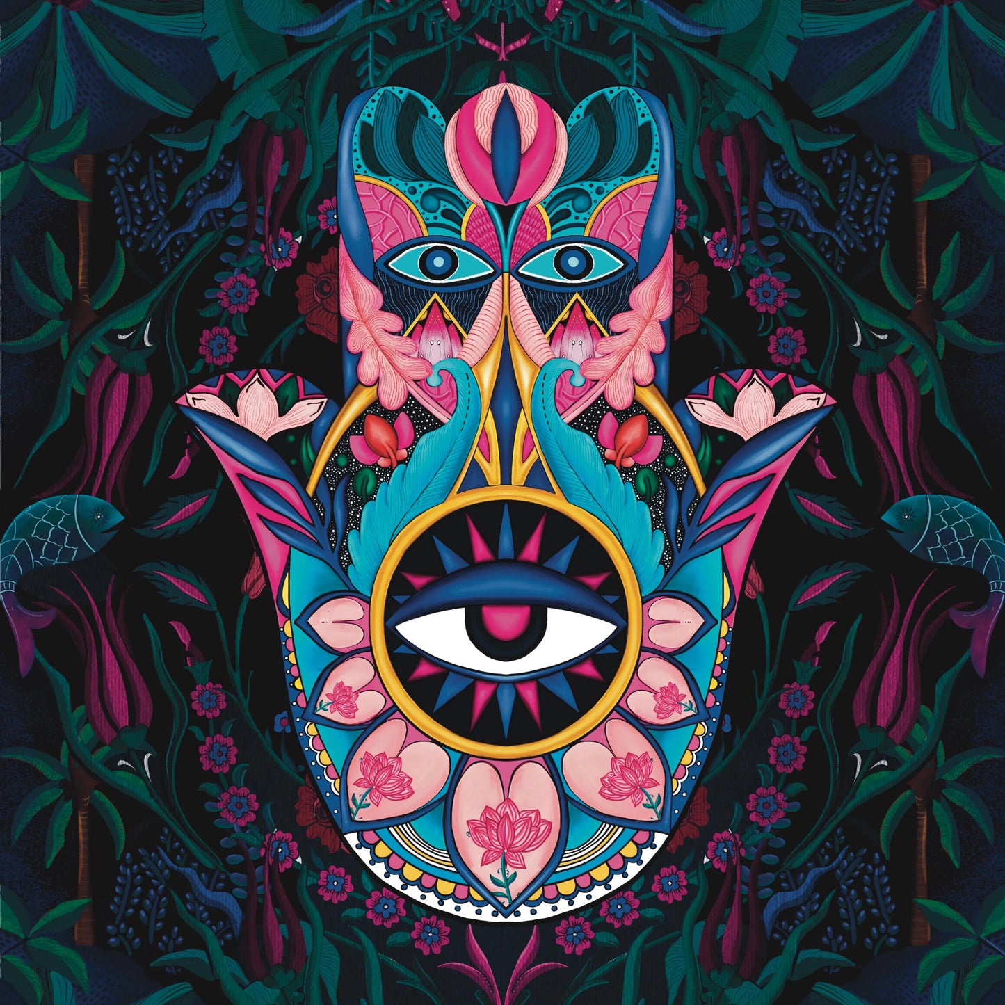 Mystical Hamsa Hand Art Print | Evil Eye & Lotus Protection Art | Vibrant Spiritual Wall Decor