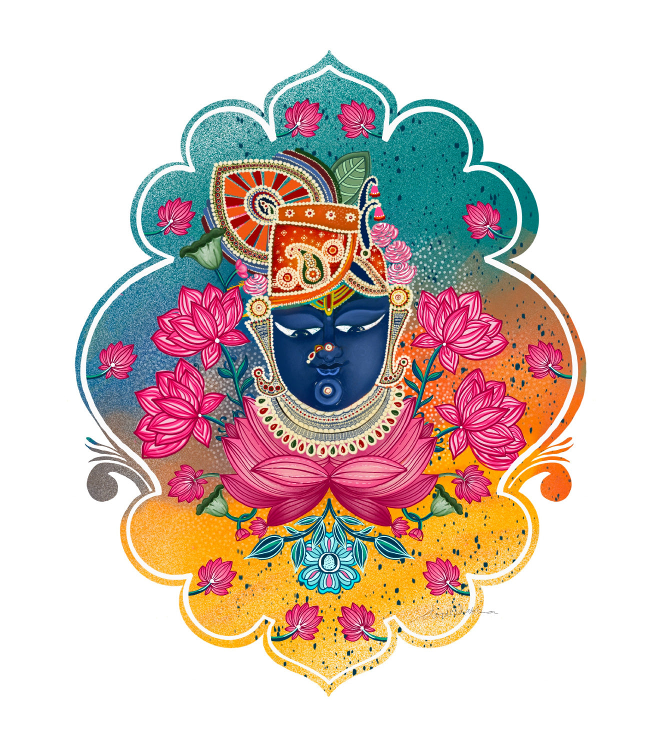 Lord Shri Nath Ji Portrait Multicolor Pichwai Wall Art Print | Pichwai Lotus & Motif Indian Spiritual Print | Vibrant Devotional Artwork