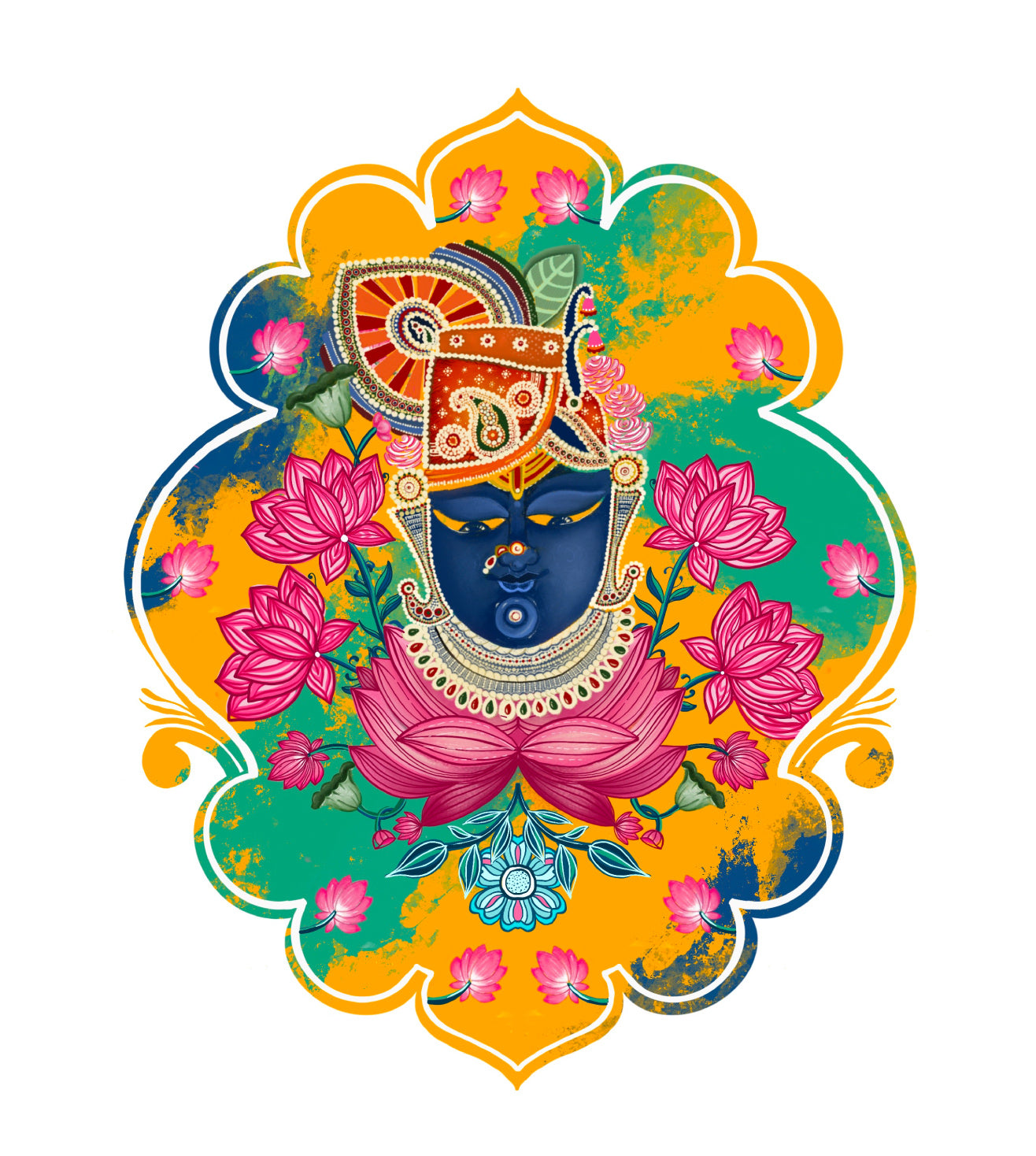 Lord Shri Nath Ji Portrait Yellow Pichwai Wall Art Print | Pichwai Lotus & Motif Indian Spiritual Print | Vibrant Devotional Artwork
