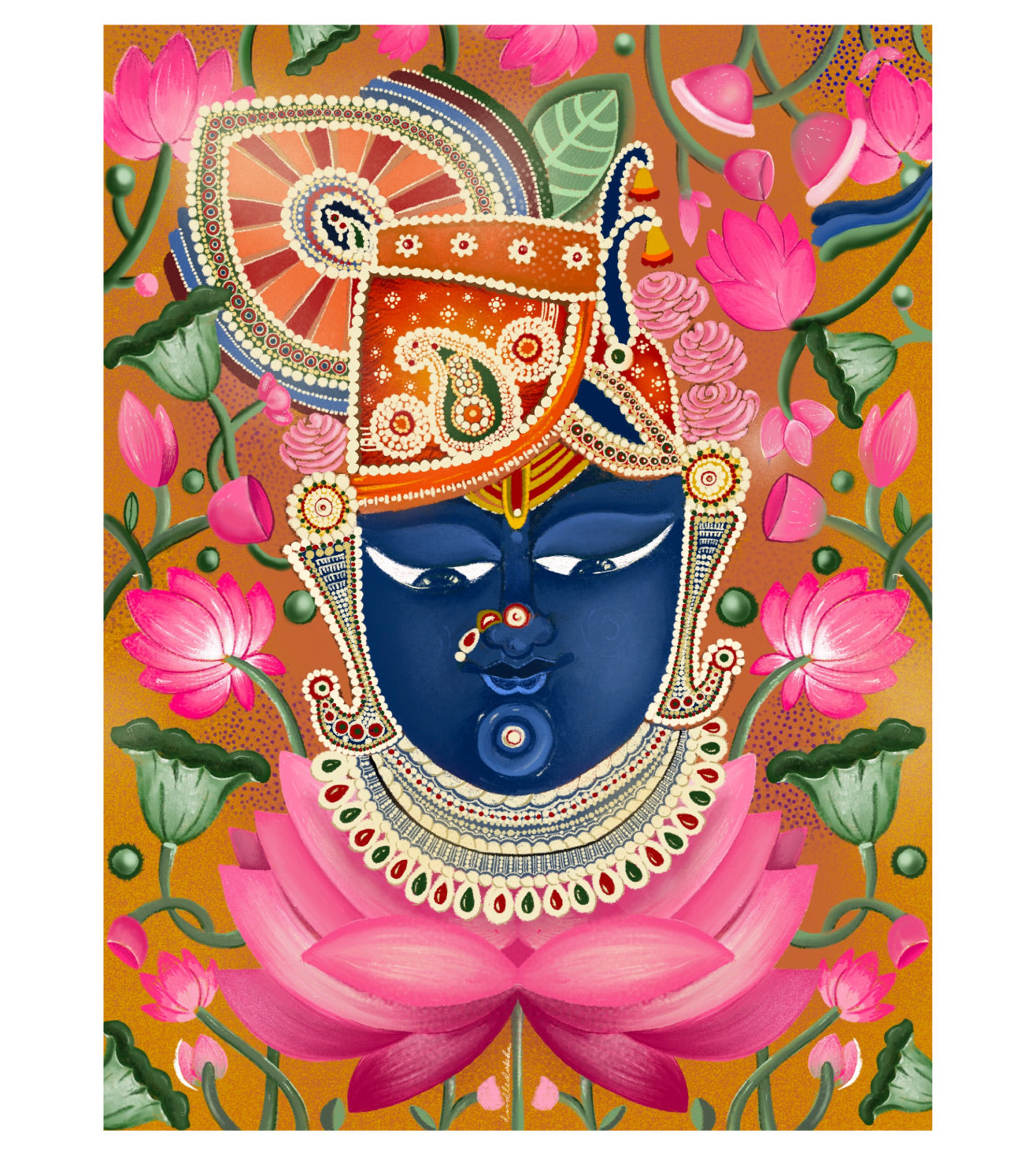 Lord Shrinath Ji Orange Pichwai Wall Art Print | Krishna Portrait Artwork | Indian Spiritual Home Decor