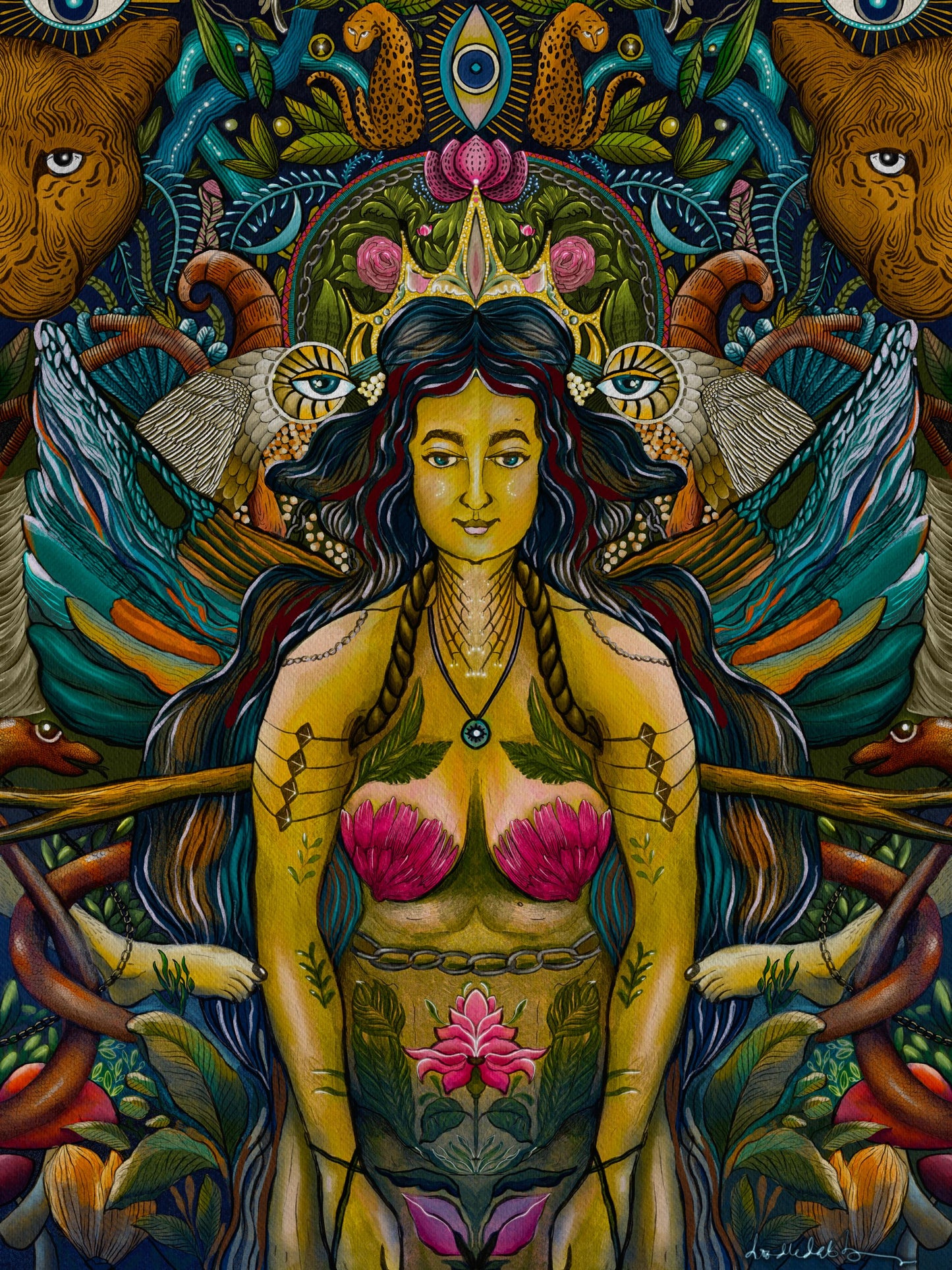 Empowered Woman Botanical Art Print | Fierce Feminine Wall Decor | Surreal Nature Goddess Illustration