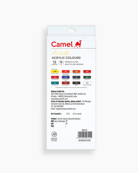 Camlin/Camel Artist Acrylic Colors | Assorted 12 shades | 9 ml Each
