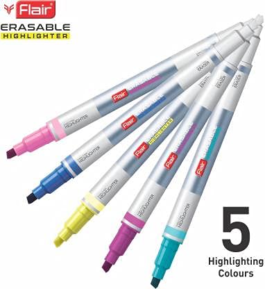 Flair Erassable Chisel Point Highlighter, Pack of 5 colours, Multicolor