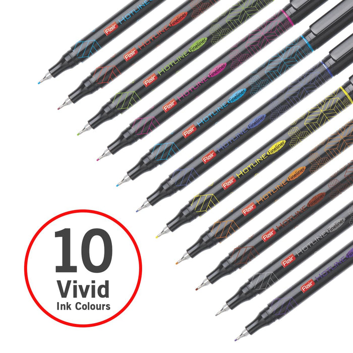 FLAIR Hotline Fineliner Metal Tip Pen | Tip Size 0.7 to 1 mm | Comfortable Grip | Fineliner Pens Set For Mandala, Sketching, Doodling, Journal and Outline | 10 Shades.|Multicolor