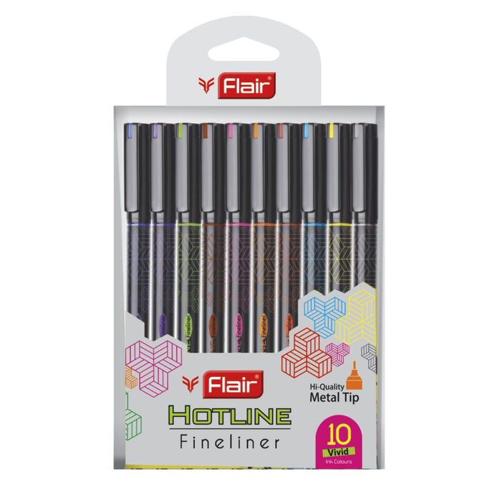 FLAIR Hotline Fineliner Metal Tip Pen | Tip Size 0.7 to 1 mm | Comfortable Grip | Fineliner Pens Set For Mandala, Sketching, Doodling, Journal and Outline | 10 Shades.|Multicolor