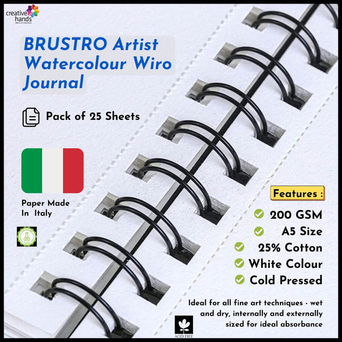 BRUSTRO Artist 25% Cotton Watercolour Wiro Journal Cold Pressed 200 GSM A5-25 Sheets