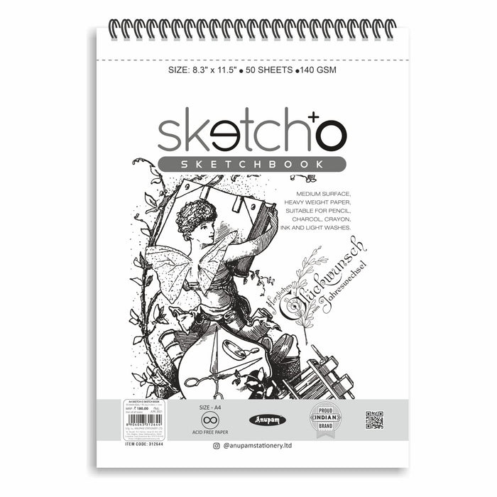 Anupam SketchO Sketch Book A4 Top Spiral-Bound Sketchpad Acid Free Paper 140 GSM for Artists, Professional (50 Sheets, 100 Pages)