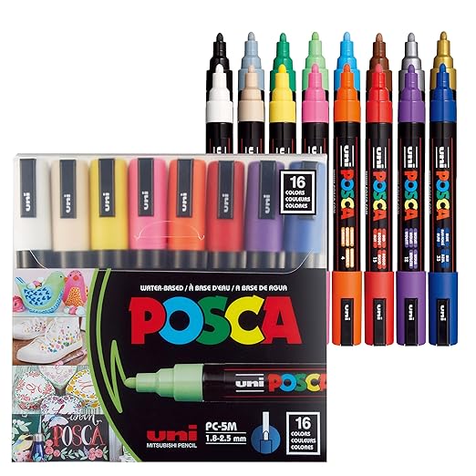 Uni-ball POSCA Marker 5M 1.8-2.5 mm Bullet Shaped Paint Marker Pen | Reversible & Washable Tips| 16 Shades, Pack of 16