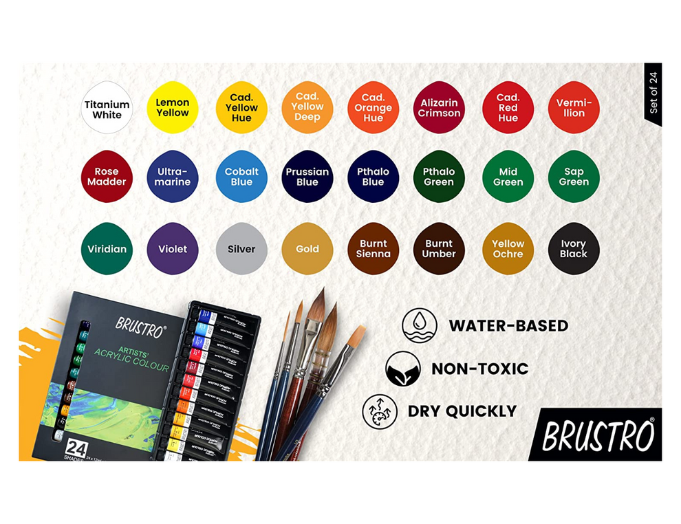 BRUSTRO Acrylic Paint set of 24, Multicolour 12ml tubes