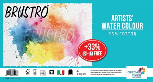 Brustro Artists Watercolour Paper, 300 GSM, A3-25% Cotton, Cold Pressed, 5+1 Sheet