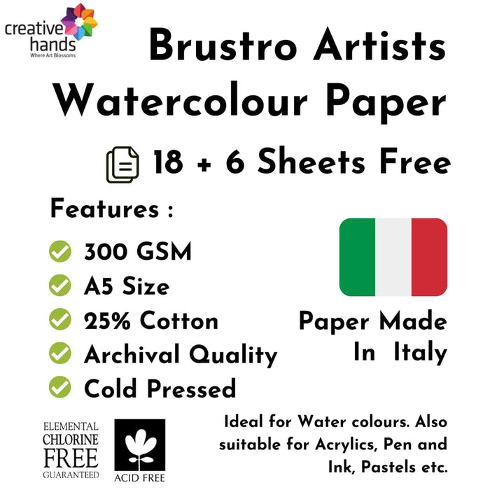 Brustro Artists Watercolour Paper 300 GSM A5-25% Cotton, Cold Pressed 18+6 sheets