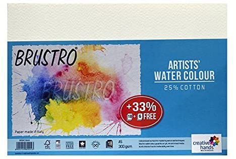 Brustro Artists Watercolour Paper 300 GSM A5-25% Cotton, Cold Pressed 18+6 sheets