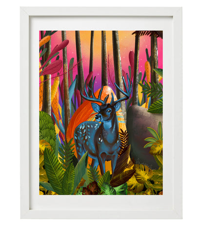 Deer in the Woods Wall Art Print | Vibrant Forest Animal Illustration | Colorful Nature Artwork