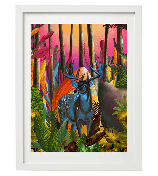 Deer in the Woods Wall Art Print | Vibrant Forest Animal Illustration | Colorful Nature Artwork
