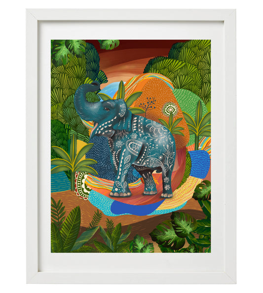 Jungle Elephant Wall Art Print | Vibrant Wildlife Artwork | Colorful Animal Illustration Home Decor