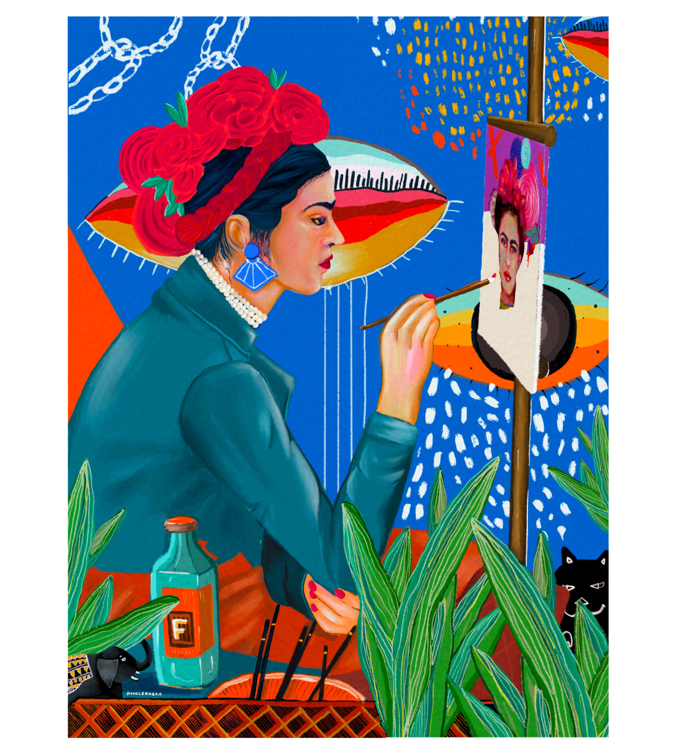 Frida Kahlo Art Print: Abstract Cobalt Blue Portrait, Modern Wall Decor