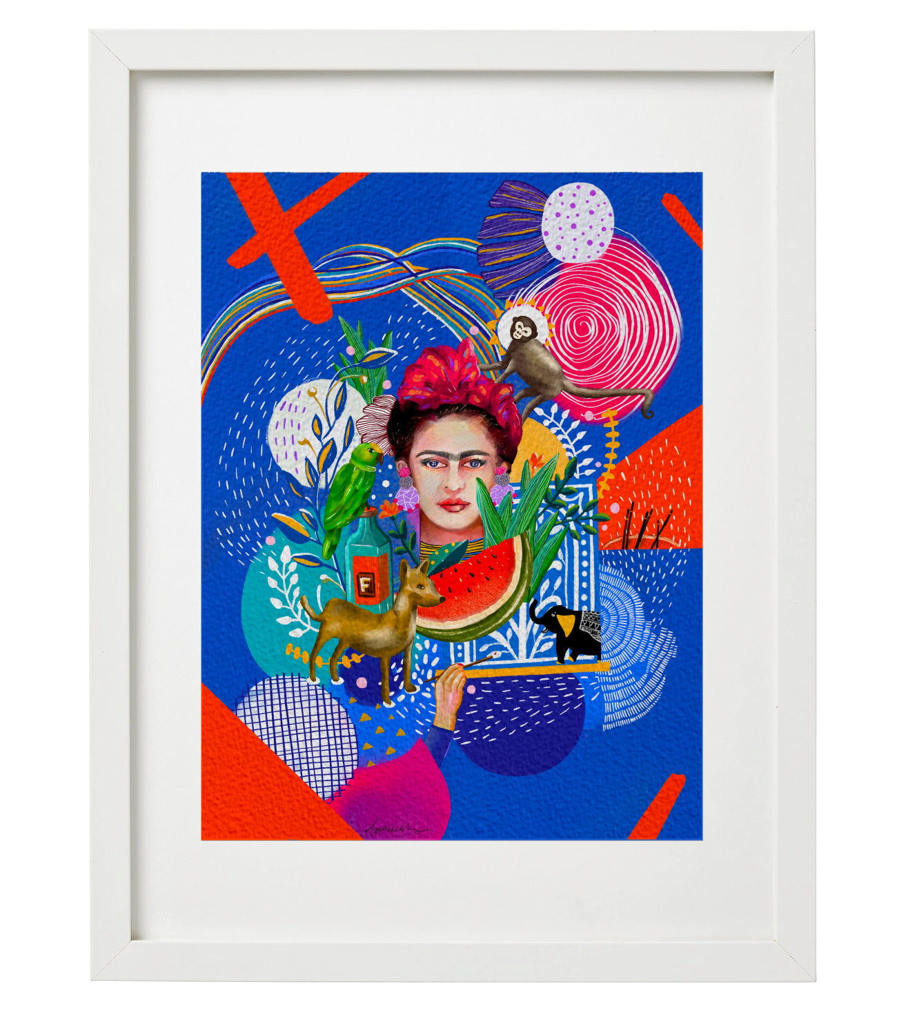 Frida Kahlo Abstract Doodle Art Print: Modern Portrait, Blue Artwork