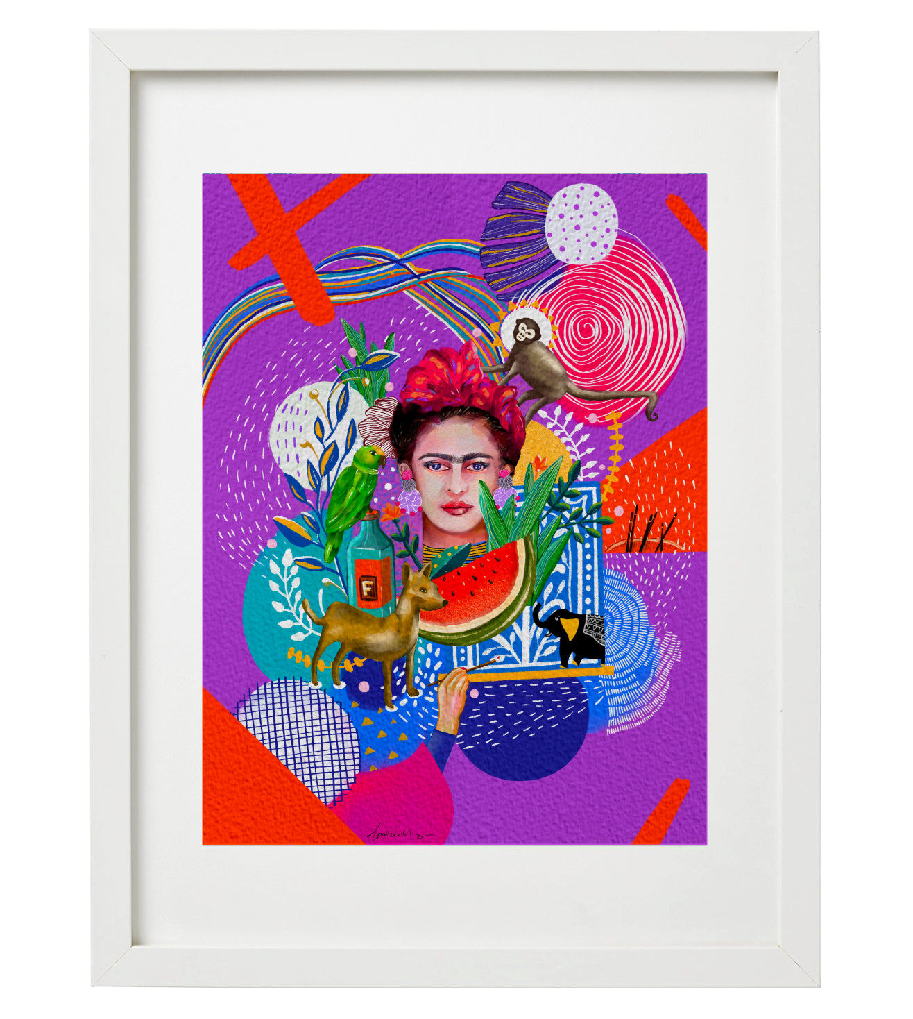 Frida Kahlo Purple Abstract Doodle Portrait Art Print: Modern Home Decor