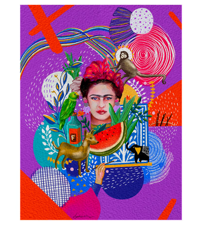 Frida Kahlo Purple Abstract Doodle Portrait Art Print: Modern Home Decor