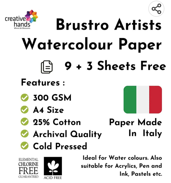 Brustro Artists Watercolour Paper, 300 GSM, A4, 25% Cotton, Cold Pressed, 9 + 3 Sheets Free (12 Sheets / 24 Pages)