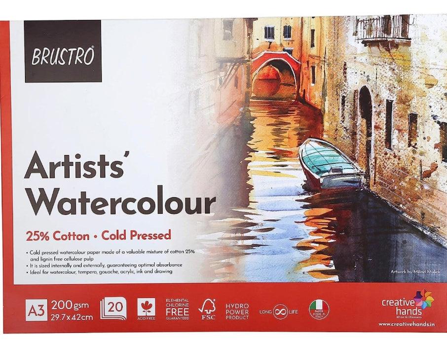BRUSTRO Artist 25% Cotton Watercolour Glued Pad Cold Pressed 200 GSM A3-20 Sheets
