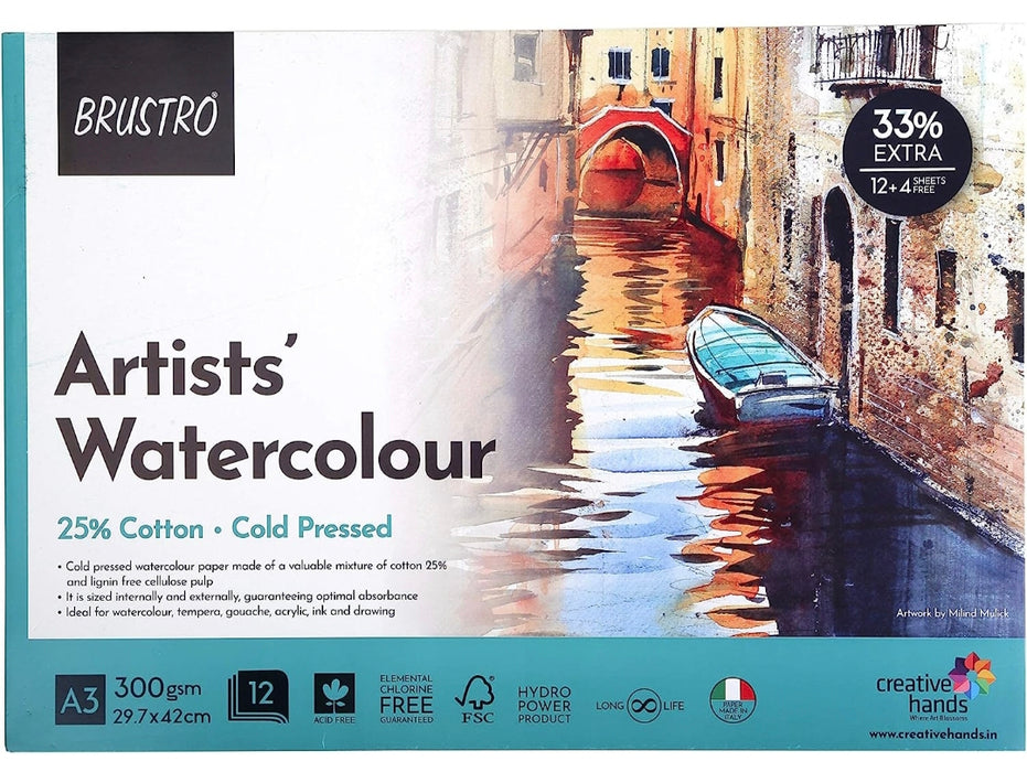 BRUSTRO Artist Watercolour Pad Cold Pressed 300 GSM 25% Cotton A3 - (12 + 4 Free Sheets)