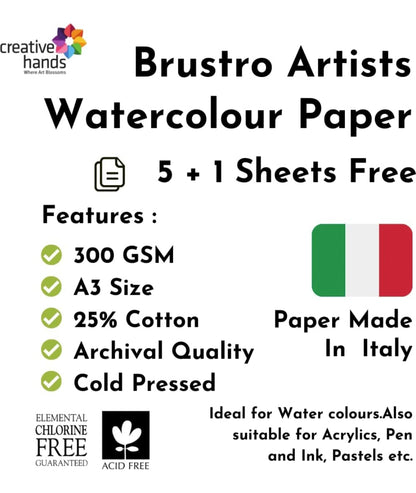 Brustro Artists Watercolour Paper, 300 GSM, A3-25% Cotton, Cold Pressed, 5+1 Sheet