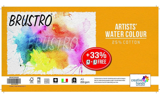 Brustro Artists Watercolour Paper, 200 GSM, A3 Size, 25% Cotton Cold Pressed, 6 + 2 Free Sheets