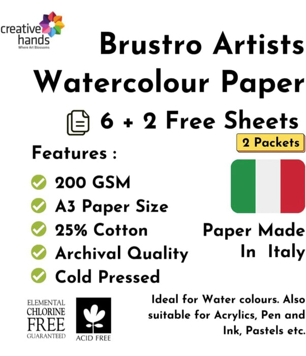 Brustro Artists Watercolour Paper, 200 GSM, A3 Size, 25% Cotton Cold Pressed, 6 + 2 Free Sheets