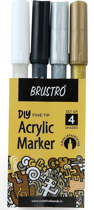 BRUSTRO Acrylic (DIY) Fine Tip Marker Set of 4 - Gold, Silver, Black, White 0.8MM, for Craftworks, School Projects, and Other Presentations