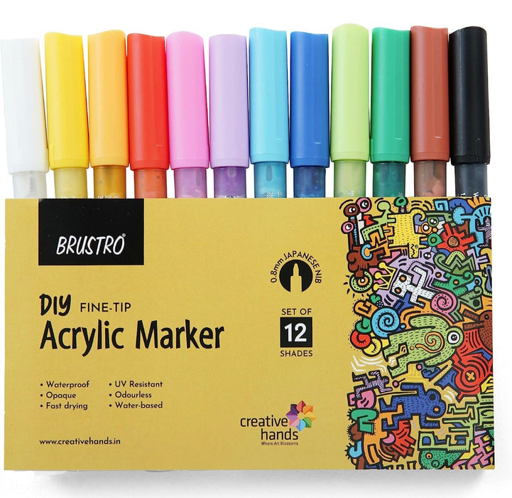 BRUSTRO Acrylic (DIY) Fine Tip Marker Set of 12 - Basic 0.8MM for Craftworks, School Projects, and Other Presentations