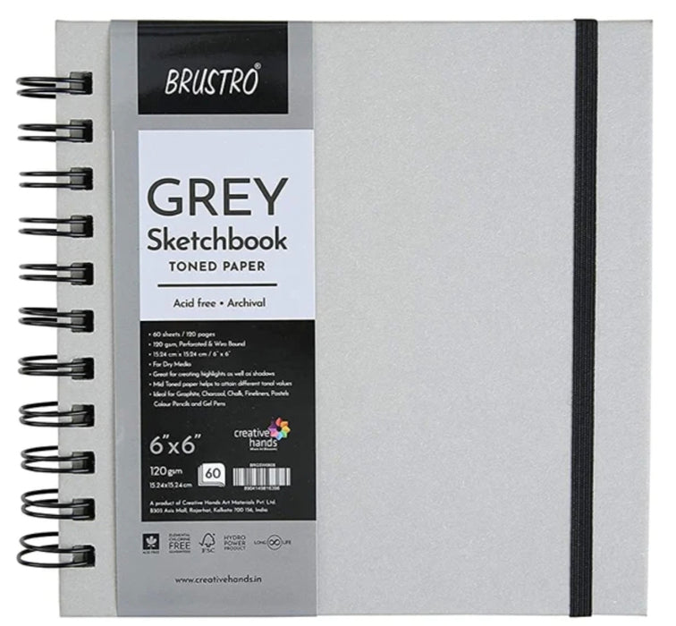 Brustro Toned Paper - Grey Sketchbook, Wiro Bound, Size 6" x 6", 120GSM (60 Sheets) 120 Pages