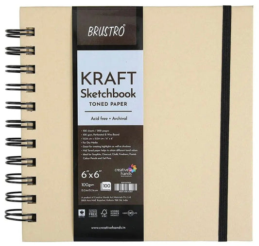 Brustro Toned Paper - Kraft Sketchbook, Wiro Bound, Size 6" x 6", 100GSM (100 Sheets) 200 Pages