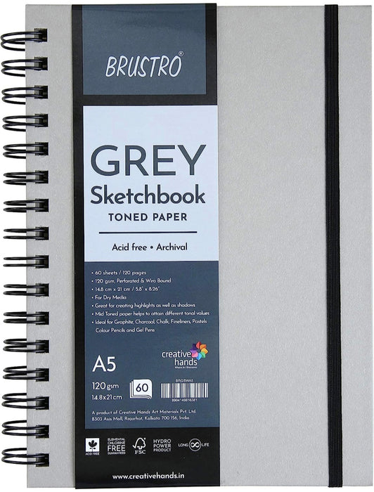 Brustro Toned Paper - Grey Sketchbook, Wiro Bound, Size A5 120GSM (60 Sheets) 120 Pages