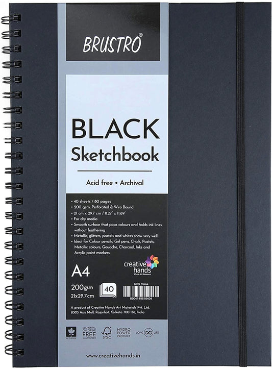 Brustro Black Sketchbook, Wiro Bound, Size A4, 200GSM (40 Sheets) 80 Pages