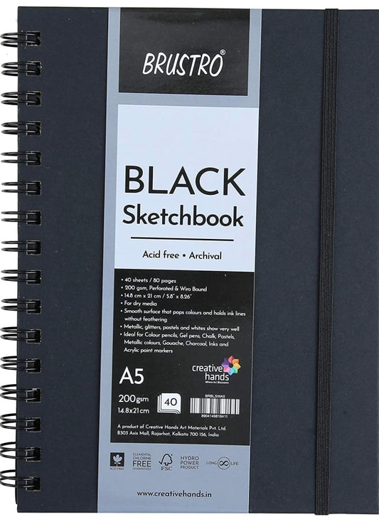 Brustro Black Sketchbook, Wiro Bound, Size A5, 200GSM (40 Sheets) 80 Pages