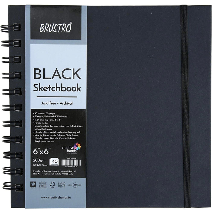 Brustro Black Sketchbook, Wiro Bound, Size 6" x 6" Inches, 200GSM (40 Sheets) 80 Pages
