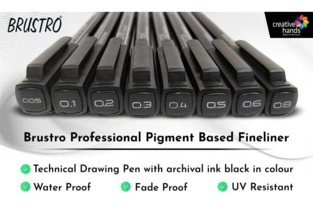 BRUSTRO Professional Pigment Based Fineliner - Set of 8 (Black)