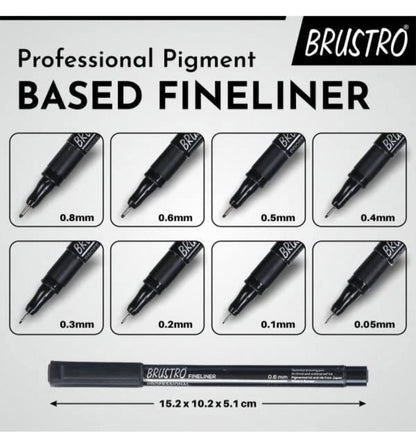 BRUSTRO Professional Pigment Based Fineliner - Set of 8 (Black)