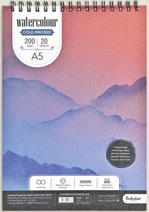 Scholar A5  200 GSM Watercolour Cold Pressed Paper Pads – Wire Bound (Heavy Texture) (20 Sheets)