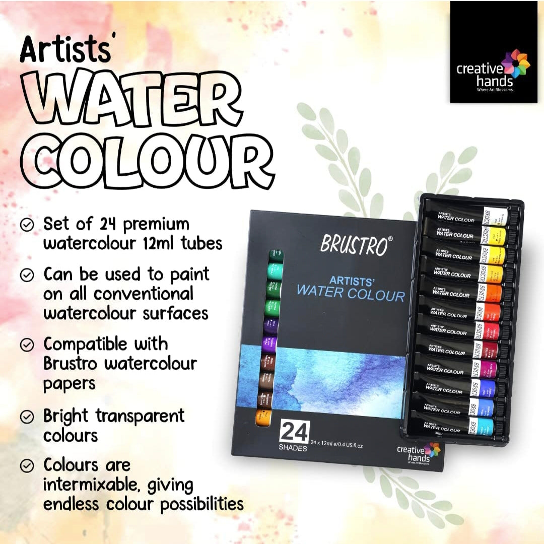 BRUSTRO ARTISTS’ WATERCOLOUR SET OF 24 COLOURS X 12ML TUBES