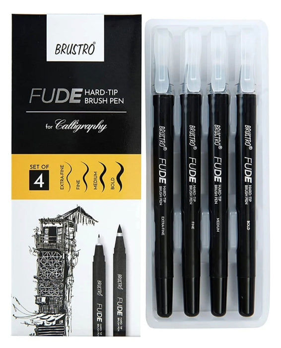 BRUSTRO Fude Hard-tip Black Ink Calligraphy Brush Pen Set of 4. (Extra-fine/Fine/Medium/Bold)