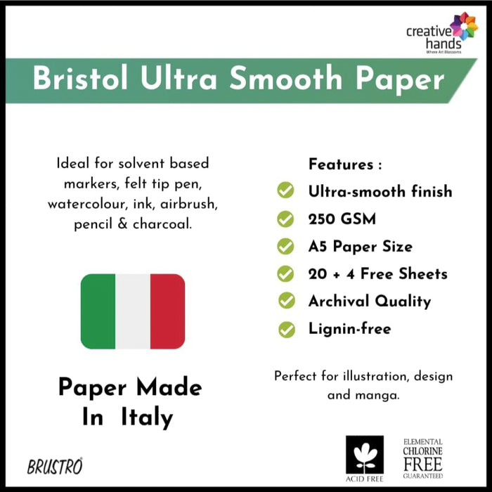 BRUSTRO Coloured Fineliner set of 12, 0.4mm with free Bristol ultra smooth paper A5 pack 24 sheets 